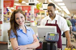 Woman in grocery store line